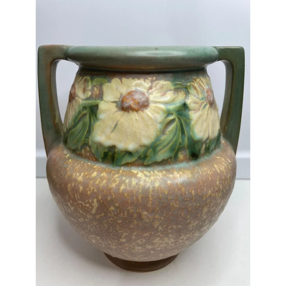 Roseville Art Pottery DAHLROSE Arts & Crafts Handled Vase Variegated Tan 367-8